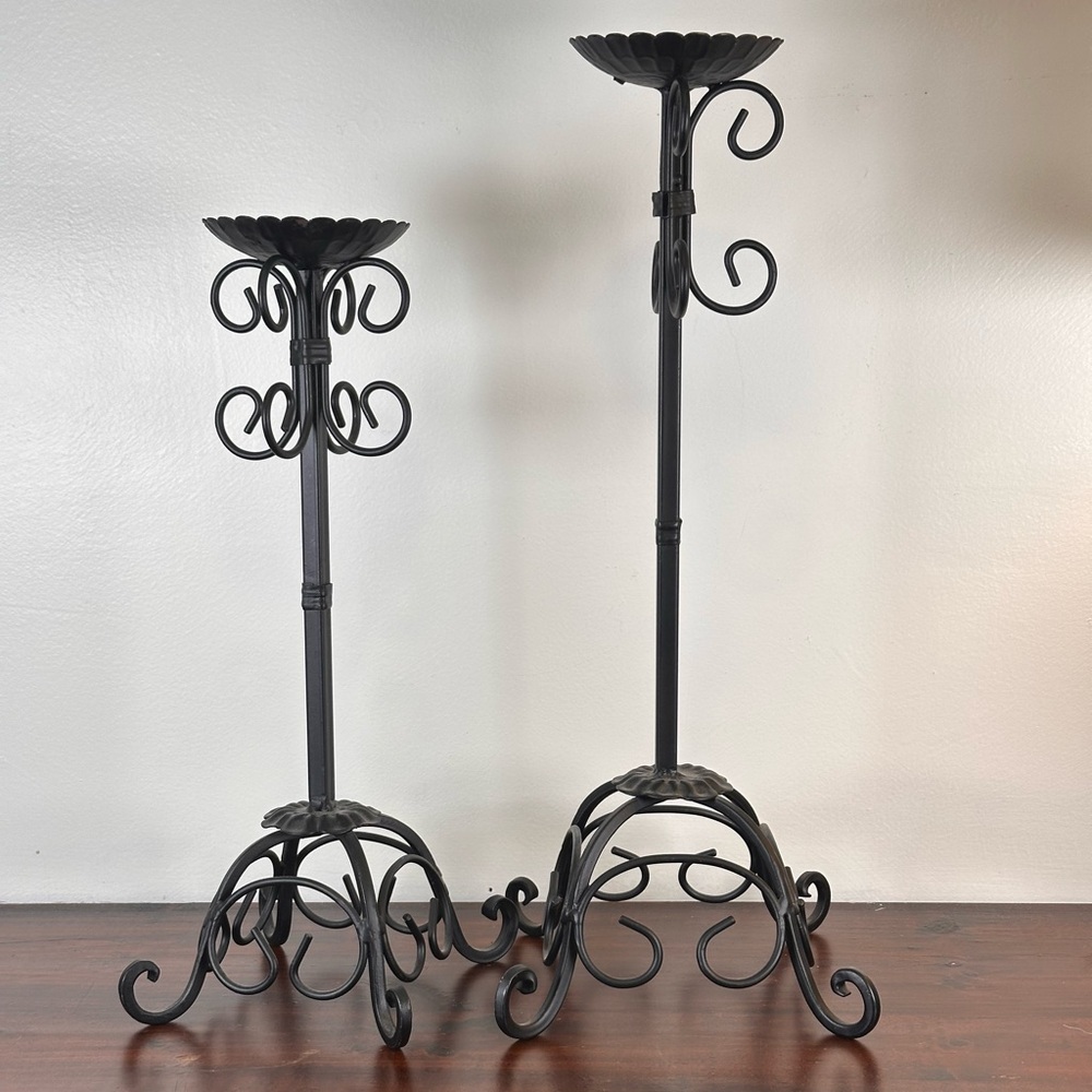 Black Metal Candle Holder Pair Tall Spanish Iron Style